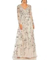 Mac Duggal V Neck Long Sleeve Embroidered Gown In Neutral