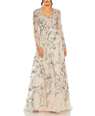 Mac Duggal V Neck Long Sleeve Embroidered Gown In Neutral