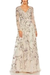 Mac Duggal V Neck Long Sleeve Embroidered Gown In Blush