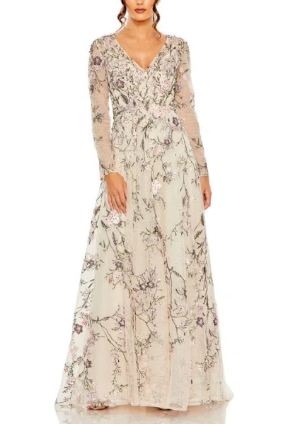 MAC DUGGAL MAC DUGGAL V NECK LONG SLEEVE EMBROIDERED GOWN