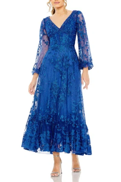 Mac Duggal V Neck Mech Puff Sleeve A Line Embellished Dress In Royal