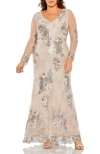 Mac Duggal V Neck Mesh Long Sleeve Embroidered Gown In Taupe