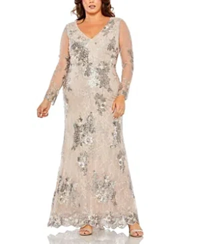 Mac Duggal V Neck Mesh Long Sleeve Embroidered Gown In Neutral