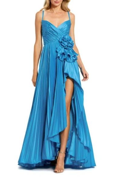 Mac Duggal V Neck Pleated Charmeuse Gown In Blue