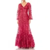 Mac Duggal V Neck Puff Sleeve A Line Embroidered Gown In Cranberry