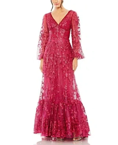 Mac Duggal V Neck Puff Sleeve A Line Embroidered Gown In Cranberry