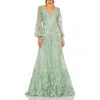 Mac Duggal Floral Embroidered Illusion Long Sleeve Gown In Sage
