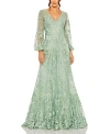 Mac Duggal Floral Embroidered Illusion Long Sleeve Gown In Sage