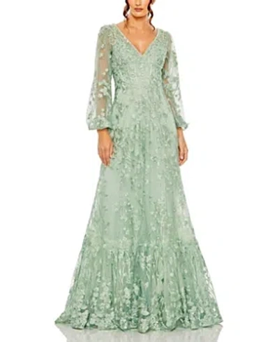 Mac Duggal V Neck Puff Sleeve A Line Embroidered Gown In Sage