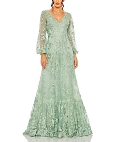 MAC DUGGAL V NECK PUFF SLEEVE A LINE EMBROIDERED GOWN
