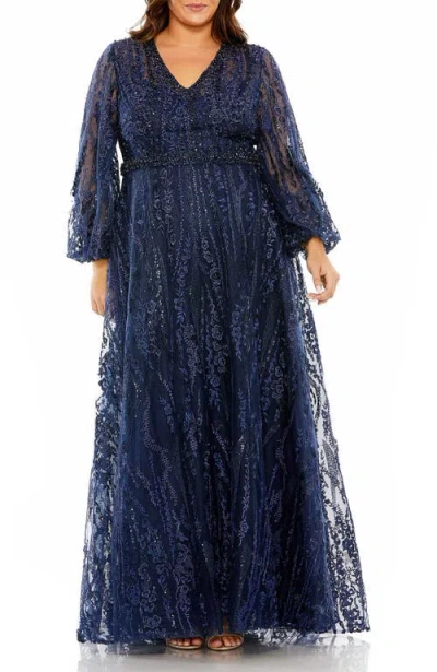 Mac Duggal V Neck Puff Sleeve Embroidered A Line Gown In Blue