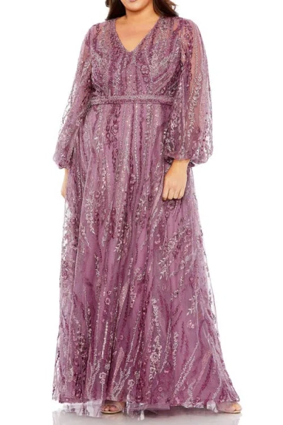 Mac Duggal V Neck Puff Sleeve Embroidered A Line Gown In Mauve