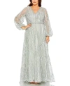 Mac Duggal V Neck Puff Sleeve Embroidered A Line Gown In Seamist