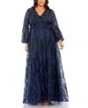 Mac Duggal V Neck Puff Sleeve Embroidered A Line Plus Size Gown In Midnight