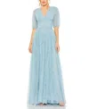 Mac Duggal V Neck Puff Sleeve Ruffle Tiered A Line Gown In Blue