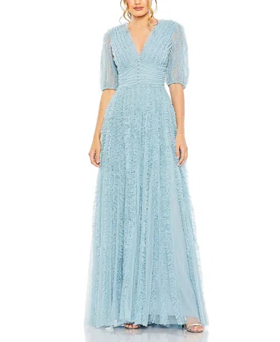 MAC DUGGAL V NECK PUFF SLEEVE RUFFLE TIERED A LINE GOWN