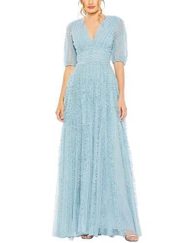 Mac Duggal V Neck Puff Sleeve Ruffle Tiered Mesh A Line Gown In Multi