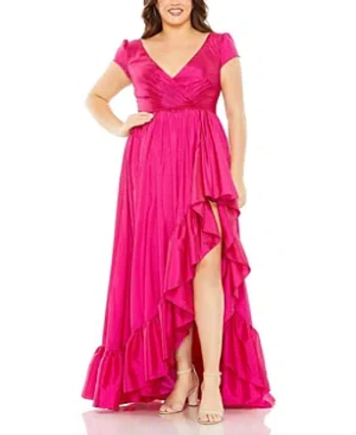 Mac Duggal V-neck Ruffle Side Slit Plus Size Gown In Magenta