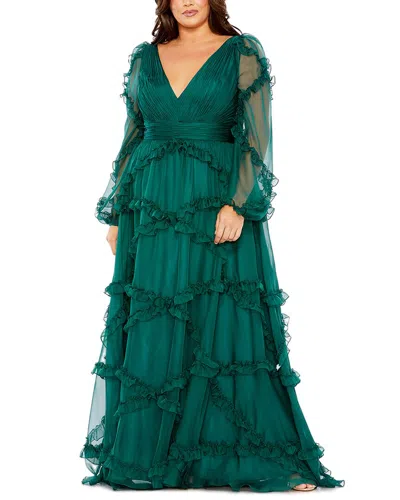 Mac Duggal V Neck Ruffle Tiered Puff Sleeve Gown In Green