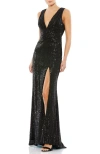 Mac Duggal V-neck Sequin Wrap Waist Gown In Black
