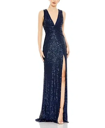 MAC DUGGAL V-NECK SEQUIN WRAP WAIST GOWN