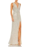 Mac Duggal V-neck Sequin Wrap Waist Gown In Nude
