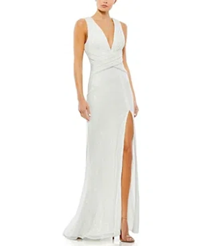 Mac Duggal V-neck Sequin Wrap Waist Gown In White