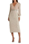 Mac Duggal V-neck Sequined Overlay Gown With Long Bishop Sleeves And Embellished Waist In Neutral