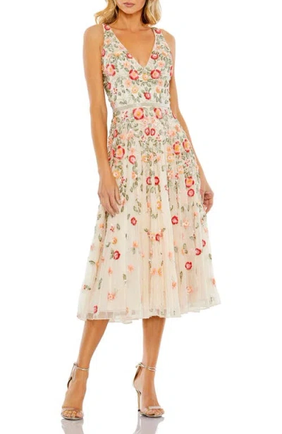 Mac Duggal V-neck Sleeveless Midi Floral Beaded A-line Dress In Neutral
