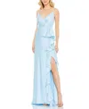 Mac Duggal V-neck Spaghetti Strap Satin Gown In Powder Blue