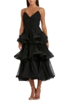 Mac Duggal V Neck Tiered Ruffle Midi Dress In Black