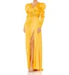 Mac Duggal V Neckline Long Puff Sleeves Maxi Column Gown In Mango
