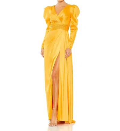 Mac Duggal V Neckline Long Puff Sleeves Maxi Column Gown In Mango