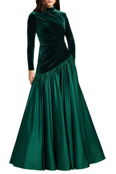 Mac Duggal Velvet Long Sleeve Mock Neck Charmeuse Skirt Gown In Emerald