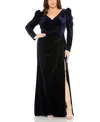 Mac Duggal Velvet Long Sleeve Ruched Detail Thigh High Slit Plus Size Gown In Midnight