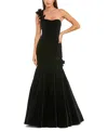 Mac Duggal Velvet One Shoulder Trumpet Gown With Flowers In Black