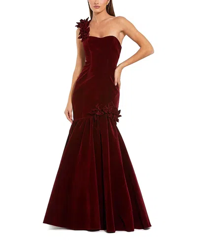 Mac Duggal Velvet One Shoulder Trumpet Gown With Flowers In Burgundy
