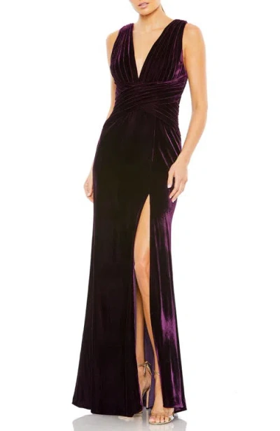 Mac Duggal Velvet Pleated Wrapping Sleeveless Jersey Gown In Multi