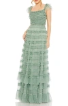 Mac Duggal Ruffle Cap Sleeve Embellished Tiered Gown In Green