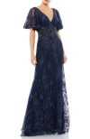 Mac Duggal Embellished Illusion Butterfly Sleeve A-line Gown In Midnight