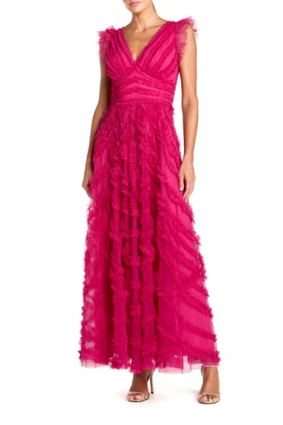 Mac Duggal V-neck Cap Sleeve Ruffle Maxi Dress In Pink