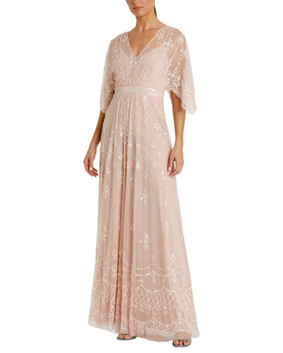 Mac Duggal V-neck Flounce Sleeve Embellished Mesh Gown In Neutral