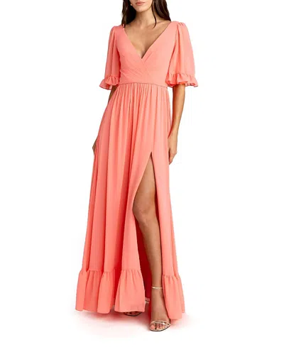 Mac Duggal V-neck Flutter Sleeve Chiffon Faux Wrap Maxi Gown In Orange