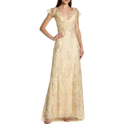 Mac Duggal V-neck Flutter Sleeve Embroidered Lace Evening Gown In Neutral