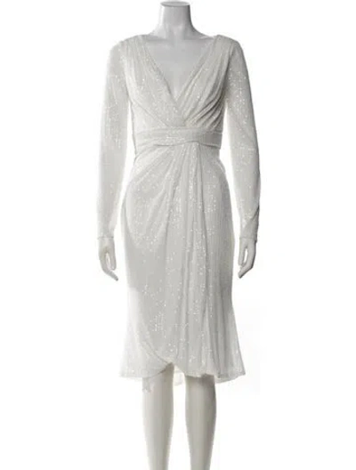 Pre-owned Mac Duggal V-neck Knee-length Dress In White