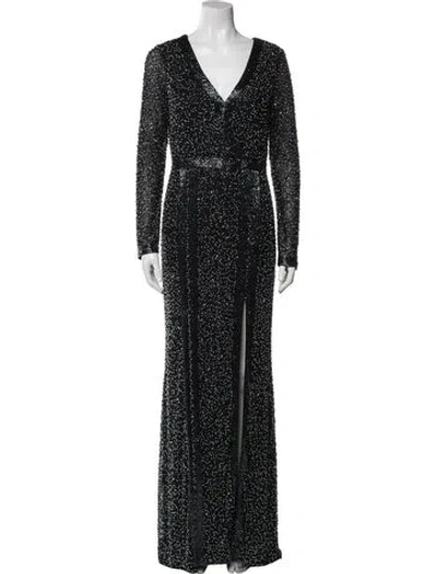 Pre-owned Mac Duggal V-neck Long Dress In Black
