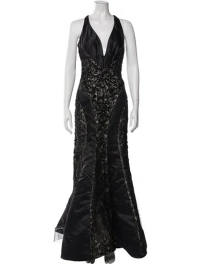Pre-owned Mac Duggal V-neck Long Dress In Black
