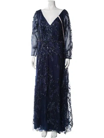 Pre-owned Mac Duggal V-neck Long Dress In Blue
