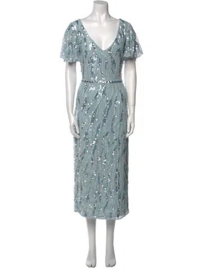 Pre-owned Mac Duggal V-neck Long Dress In Blue