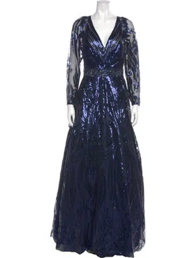 Pre-owned Mac Duggal V-neck Long Dress In Blue
